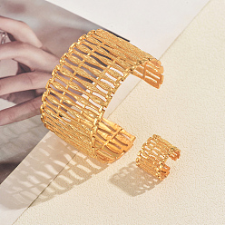 Golden Elegant Alloy Hollow Cuff Bangle & Ring Set, Open Cuff Jewelry for Women, Golden, Inner Diameter: 60~80mm