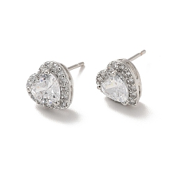 Платинированный Серьги-гвоздики в форме сердца из прозрачного кубического циркония, долговечные украшения из латуни с покрытием для женщин, без кадмия и без свинца, Реальная платина, 8x8 мм, штифты : 1 мм