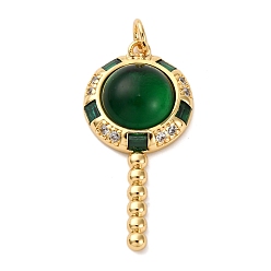 Темно-Зеленый Латунные микро проложить кубического циркония подвески, со стеклом и прыжковым кольцом, леденцы прелести, стойки покрытие, прочное покрытие, без кадмия и без свинца, реальный 18 k позолоченный, темно-зеленый, 31.5x15x6.5 мм, отверстие : 3 мм
