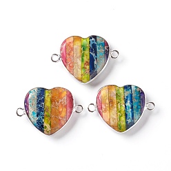 Silver Rainbow Natural Regalite/Imperial Jasper/Sea Sediment Jasper Links Connectors, with Brass Settings, Dyed, Heart, Silver, 21x29x6mm, Hole: 1.8mm