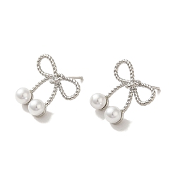 Платина Серьги-гвоздики из латуни с покрытием стойки, с пластиковой бисера, долговечный, без свинца и без кадмия, бантом, платина, 16.5x17.5 мм