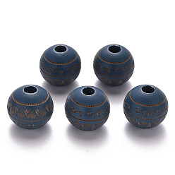 Steel Blue Painted Natural Wood Beads, Laser Engraved Pattern, Round with Leave Pattern, Steel Blue, 16x15mm, Hole: 4mm