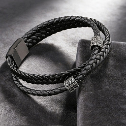 Matte Stainless Steel Color Braided Imitation Leather 2-Strand Bracelets with 316L Stainless Steel Magnetic Clasps for Men, Matte Stainless Steel Color, 8.27 inch(21cm)