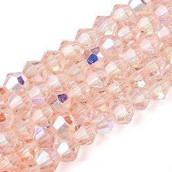 Персиковый Слойка Прозрачные стеклянные бусины, двухконусные, с половиным покрытием, с покрытием AB цвета, граненые, окрашенный и сердечный, розовые, 4~4.5x3.5~4 мм, отверстие : 0.8~0.9 мм, около 80~82 шт / нитка, 12.20~12.40 дюйм (31~31.5 см)