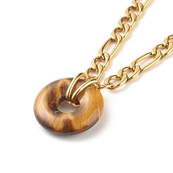 Тигровый глаз Ожерелье с подвеской в виде пончика из натурального тигрового глаза, колье из драгоценных камней с 304 цепочкой фигаро из нержавеющей стали для женщин, золотые, 15.87 дюйм (40.3 см)