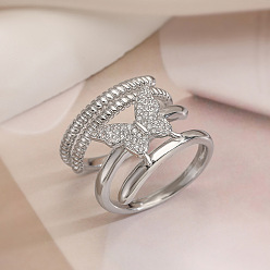 Платина 2шт. латунные кольца-манжеты с микропаве из кубического циркония, многорядные кольца для женщин, бабочка, платина, размер США 8 (18.1 мм)