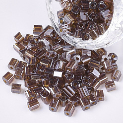 Saddle Brown 6/0 Glass Seed Beads, Transparent Colours Luster, Square Hole, Cube, Saddle Brown, 6/0, 3~5x3~4x3~4mm, Hole: 1.2~1.4mm, about 4500pcs/bag