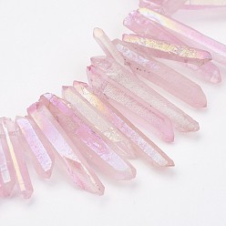 Pink Electroplated Natural Quartz Bead Strands, Dyed, Irregular Strip, Pink, 11.5~32x2~6mm, Hole: 1mm, about 38~40pcs/strand, 7.8 inch(200mm)