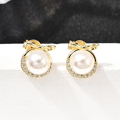 Золотой Серьги-гвоздики с бантом и круглыми латунными микрокристаллами из прозрачного кубического циркония, с пластиковой имитационной жемчужиной, без кадмия и без свинца, золотые, 10x9 мм