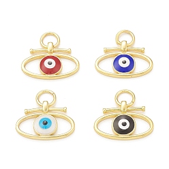 Mixed Color Rack Plating Brass Enamel Charms, with Jump Ring, Cadmium Free & Lead Free, Long-Lasting Plated, Golden, Oval with Evil Eye Pattern, Mixed Color, 14x20x3mm, Hole: 5mm