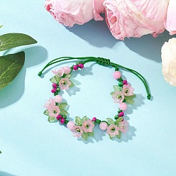 Pink Pulseras de flores acrílicas, cuentas de semillas Miyuki y jade amarillo teñido natural, Pulseras trenzadas con cordón de nailon ajustable para mujer., rosa, diámetro interior: 1-5/8 pulgada (4 cm) ~ 3-1/8 pulgada (8 cm)