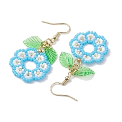 Light Blue Handmade Seed Beads Dangle Earrings, Flower and Leaf, Light Blue, 53.5x24mm