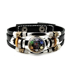 Black Imitation Leather Triple Lines Multi-strand Bracelets with Flat Round Links, Black, 8-1/8 inch(20.5cm)
