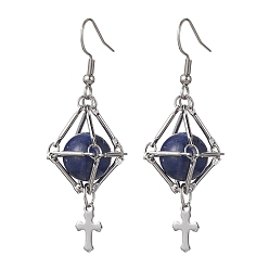 Cross Природные лазурит серьги болтаться, длинные серьги-капли из латуни в стиле макраме, крестик, 56x16 мм