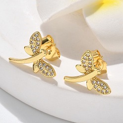 Dragonfly Серьги-гвоздики из латунного микро-паве, долговечный, реальный 18 k позолоченный, стрекоза, 12x14.5 мм