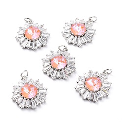 Pearl Pink Brass Micro Pave Cubic Zirconia Pendants, Long-Lasting Plated, Real 18K Gold Plated with Glass, Snowflake, Pearl Pink, 21.2x17.5x6.7mm, Hole: 3.6mm