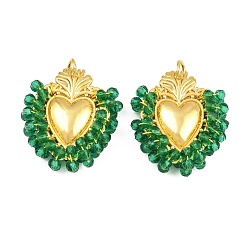 Green Alloy & Glass Seed Beaded Pendants, Heart Charm, Long-Lasting Plated, Rack Plating, Cadmium Free & Lead Free, with Brass Jump Ring, Golden, Green, 32x27x8mm, Hole: 5mm