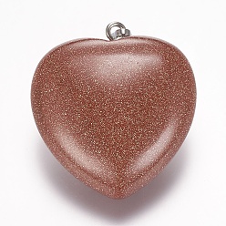 Камень с Пылевым Золотом Синтетические голдстоуновские подвески, сердце, платина, 32.5~34x30x12 мм, отверстие : 5x8 мм