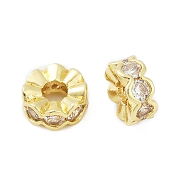 Настоящее золото 18K Латунные микропаве прозрачные кубики из циркония, плоско-круглые, без кадмия и без свинца, реальный 18 k позолоченный, 8x3.5 мм, отверстие : 2.5 мм