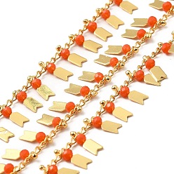 Tomato Glass Beaded Arrow Charm Chains, with Real 18K Gold Plated Brass Rope Chains, Soldered, with Spool, Tomato, 1.5mm