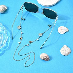 Золотой Латунные цепочки для очков, с подвеской в виде морской звезды из синтетической бирюзы и ракушки из эмалевого сплава и резиновыми петлями на концах, золотые, 740 мм