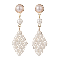 White Shell Pearl & Plastic Braided Rhombus Dangle Stud Earrings, Golden Brass Wire Wrap Long Drop Earrings for Women, White, 55mm, Pin: 0.7mm