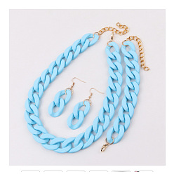 Светло-Голубой Комплекты акриловых цепочек-цепочек, сережек-подвесок и браслетов, золотые, Небесно-голубой, Ожерелье: 430 mm