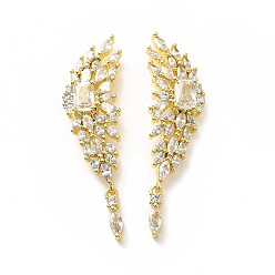 Настоящее золото 18K Прозрачные серьги-гвоздики с крыльями из кубического циркония, стеллаж для латунных украшений для женщин, без свинца и без кадмия, реальный 18 k позолоченный, 42 мм, штифты : 0.8 мм