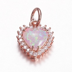 Бледно-Розовый Латунные микро проложить кубического циркония прелести, с синтетическим опалом, сердце, розовое золото , розовый жемчуг, 14x11.5x5 мм, отверстие : 4 мм