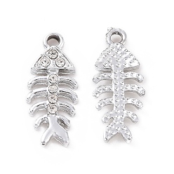 Crystal Alloy Rhinestone Pendants, Platinum Tone Fishbone Charms, Crystal, 20x8x2mm, Hole: 1.6mm