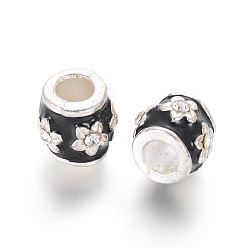 Black Alloy Enamel European Beads, with Grade A Rhinestones, Large Hole Beads, Barrel, Silver Color Plated, Black, 9x9mm, Hole: 4.5mm