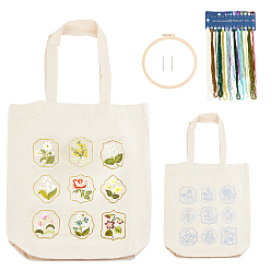 Mixed Color DIY Canvas Tote Bag Flower Embroidery Making Kit, including Steel Needles, Plastic Embroidery Hoop & Polycotton Thread, Instruction Sheet, Mixed Color