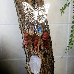 Red Agate Металлические полые подвесные украшения в виде бабочек, Натуральные красные агатовые чипсы и стеклянные каплевидные кисточки-ловцы солнца для украшения дома и улицы, 210~230 мм