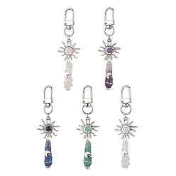 Смешанные камни Подвеска-пуля из натурального драгоценного камня, обернутая медной проволокой, подвески из сплава в виде солнца и поворотных застежек для украшений сумок, луна, 93~94 мм, 5 шт / комплект