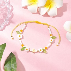 Yellow Flower Handmade Millefiori Glass Bead Braided Bead Bracelets, Adjustable Nylon Thread Bracelets for Women, Yellow, Inner Diameter: 1-5/8~3-1/2 inch(4.1~89.5cm)