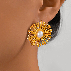 Цветок Элегантные 201 серьги-гвоздики из нержавеющей стали, золотые, с имитацией жемчуга, цветок, 32x32 мм