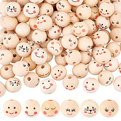 (52) Непрозрачная лаванда 140 шт. 6 стили из натурального дерева, европейские бусины, бусины с большим отверстием, круглые с улыбкой лицом, неокрашенными, деревесиные, 19~20x17.5~18 мм, отверстие : 4.5~4.7 мм
