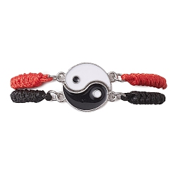 Mixed Color 2Pcs 2 Style Yin-yang Alloy Link Bracelets Set, Adjustable Polyester Braided Couple Bracelets, Mixed Color, Inner Diameter: 1~3-5/8 inch(2.4~9.3cm), 1Pc/style