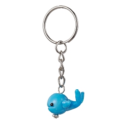 Deep Sky Blue Whale Handmade Lampwork Pendant Keychains, with Iron Split Key Rings, Deep Sky Blue, 7.2cm