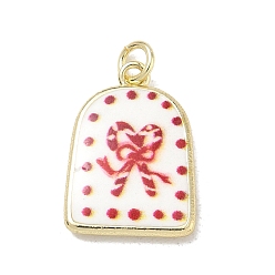 White Printed Brass Pendants, Arch with Bowknot & Candy Cane Charms, Golden, White, 20.5x14.5x3mm, Hole: 4mm