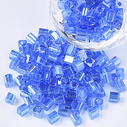 Dodger Blue 6/0 Glass Seed Beads, Transparent Colours Luster, Square Hole, Cube, Dodger Blue, 6/0, 3~5x3~4x3~4mm, Hole: 1.2~1.4mm, about 4500pcs/bag