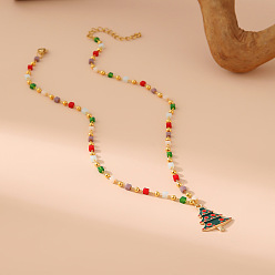 Рождественская елка Рождественский кулон из сплава и латуни с красной и зеленой эмалью, разноцветные бусины из смолы для женщин, золотые, рождественская елка, 15.75 дюйм (40 см), Кулон : 25.5 мм