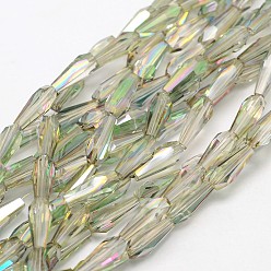 Yellow Green Faceted Rainbow Plated Teardrop Electroplated Glass Beads Strands, Yellow Green, 10x4mm, Hole: 1mm, about 60pcs/strand, 23.6 inch