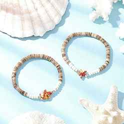 Оранжевый Браслеты из кокосовых бусин с морскими черепахами и морскими звездами, с латунными разделительными бусинами и окрашенными синтетическими бирюзовыми бусинами, оранжевые, внутренний диаметр: 2-1/8 дюйм (5.5 см), 2 шт / комплект