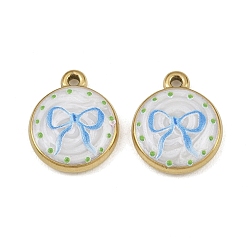Bowknot Printed 304 Stainless Steel Enamel Pendants, Flat Round Charms, Ion Plating(IP), Real 18K Gold Plated, Bowknot Charms, 18x15x4.5mm, Hole: 1.6mm