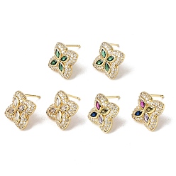 Couleur Mélangete Micro cuivres ouvrent zircone cubique boucles d'oreille, boucles d'oreilles pavées, fleur, sans plomb et sans cadmium, crémaillère plaquage, plaqué longue durée, réel 18 k plaqué or, couleur mixte, 15.5x15.5mm