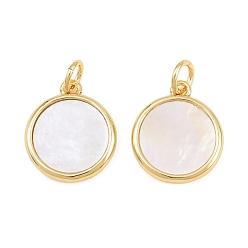 Real 16K Gold Plated Brass with White Shell Pendants, Flat Round Charms, Real 16K Gold Plated, 15x13x2mm, Hole: 3mm