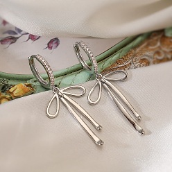 Платина Женские серьги-кольца из латуни с микро-паве и бантом из прозрачного циркония, платина, 50x20.5 мм