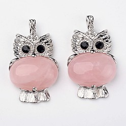 Розовый Кварц Природного розового кварца подвески, сова, с латунной фурнитурой , платина, без свинца и без никеля , 45x25x8 мм, отверстие : 4x6 мм