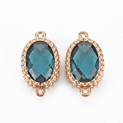 Dark Cyan Glass Links Connectors, with Light Gold Tone Brass Findings, Long-Lasting Plated, Cadmium Free & Nickel Free & Lead Free, Faceted, Oval, Dark Cyan, 18x10x4.5mm, Hole: 1mm